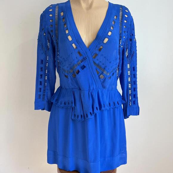 IRO Size 36 EU 4 / 6 US Cobalt Blue Long Sleeve Cutout Mini Dress Lagenlook BOHO - Picture 1 of 14